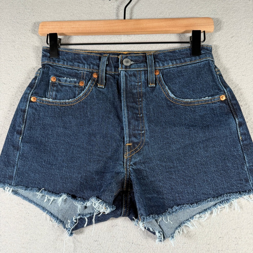 Levis 501 Original High Rise Denim Shorts Dark Indigo Raw Hem W24 56327-0236
